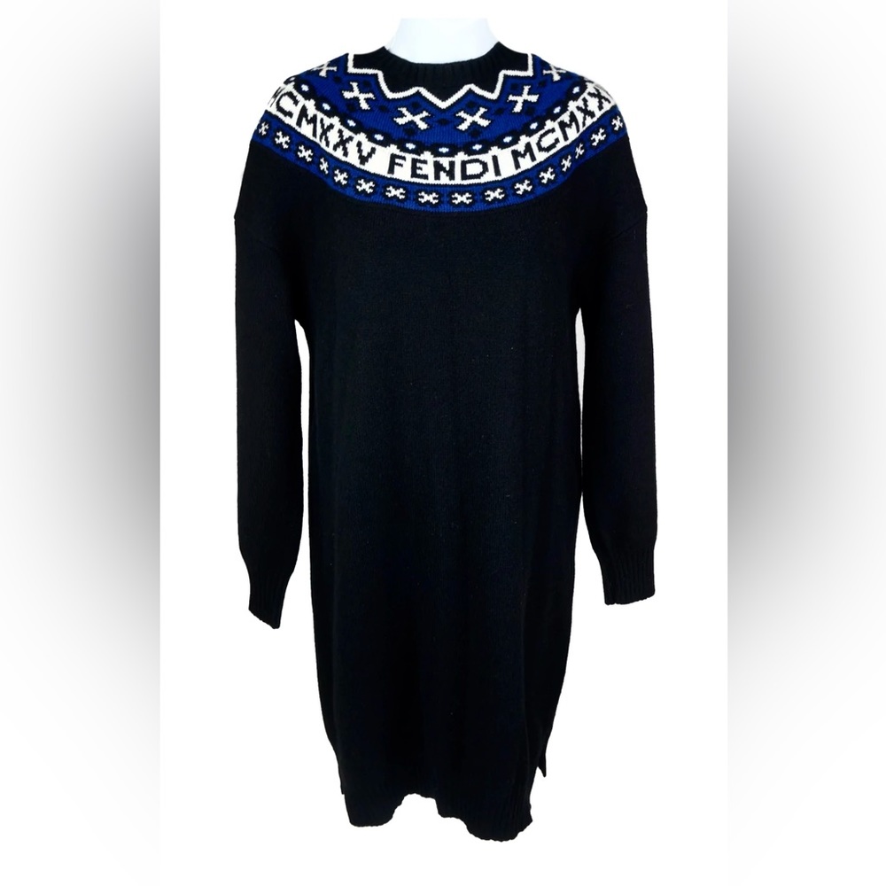 FENDI Black Fair Isle Wool Cashmere Knit Sweater Dress Size 42 It, 6 US - Picture 2 of 9